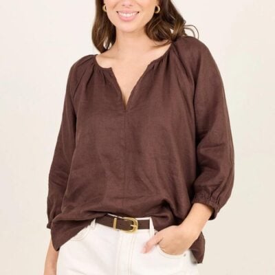 RE:UNION Label Revolutionary Dark Chocolate Linen Relaxed LS Top