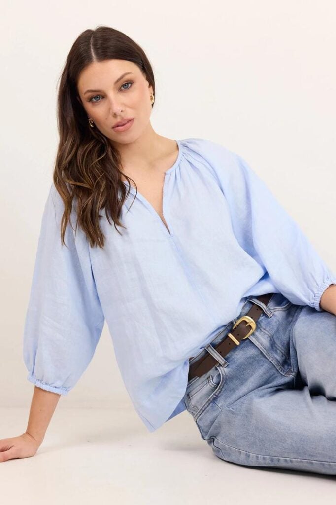 RE:UNION Label Revolutionary Ice Blue Linen Relaxed LS Top