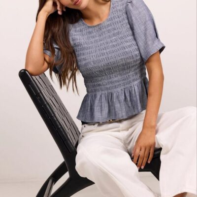 RE:UNION Label Starling Light Blue Chambray SS Shirred Bodice Top