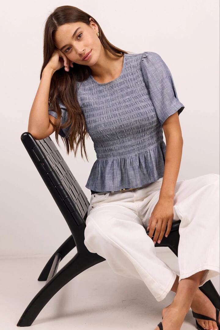 RE:UNION Label Starling Light Blue Chambray SS Shirred Bodice Top