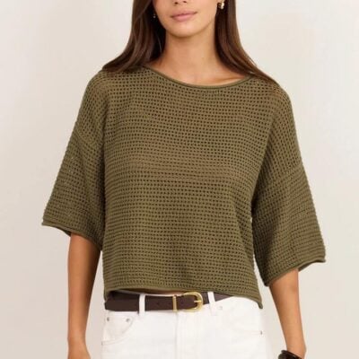 RE:UNION Label Sunrise Light Khaki SS Crochet Knit Top