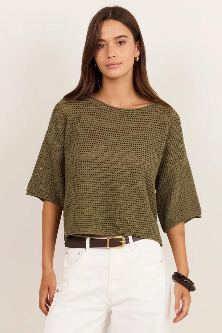 RE:UNION Label Sunrise Light Khaki SS Crochet Knit Top