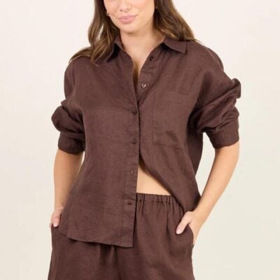 RE:UNION Label Uplifted Dark Chocolate Linen Oversized Shirt