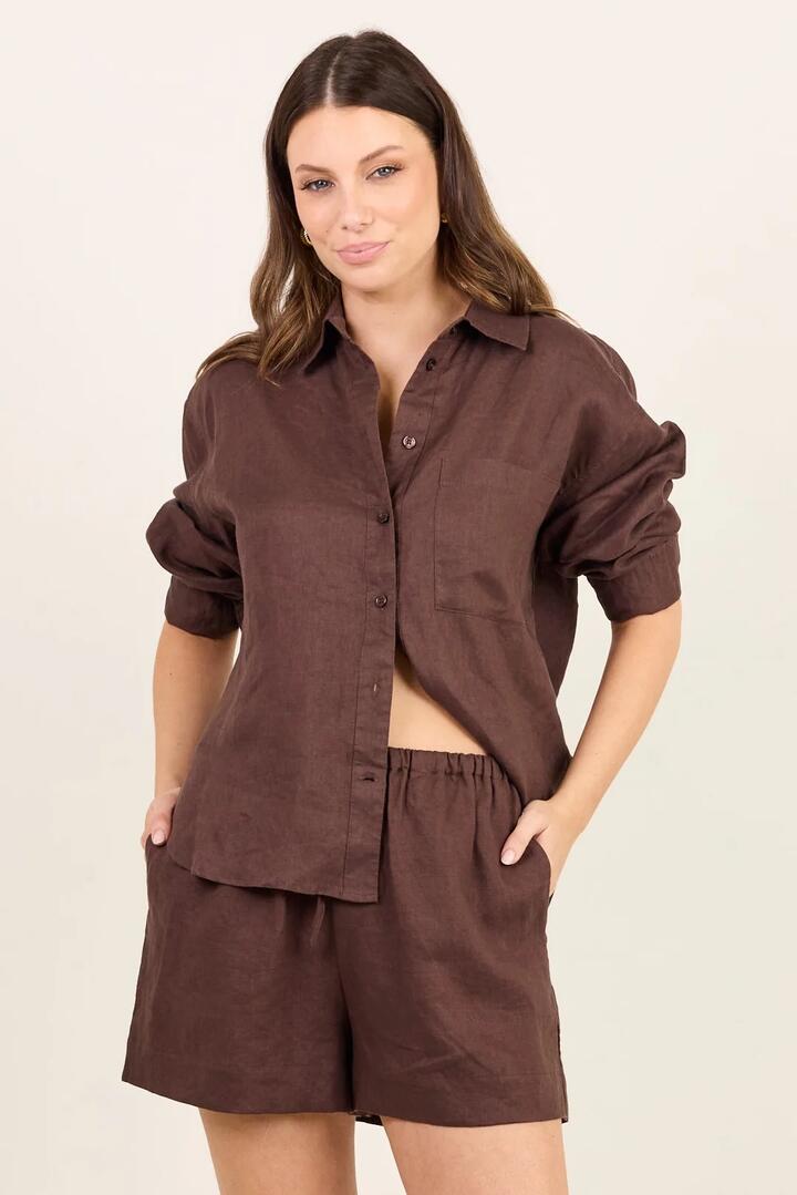 RE:UNION Label Uplifted Dark Chocolate Linen Oversized Shirt
