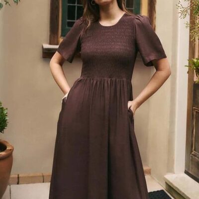 RE:UNION Label Wren Chocolate Linen Blend SS Shirred Bodice Midi Dress