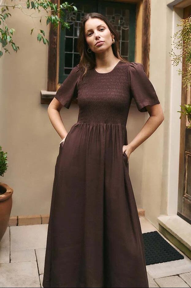 RE:UNION Label Wren Chocolate Linen Blend SS Shirred Bodice Midi Dress