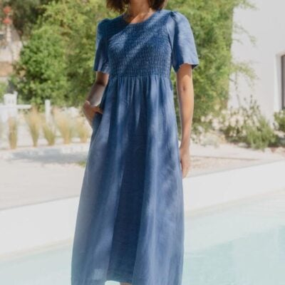 RE:UNION Label Wren Cornflower Blue Linen SS Shirred Bodice Midi Dress