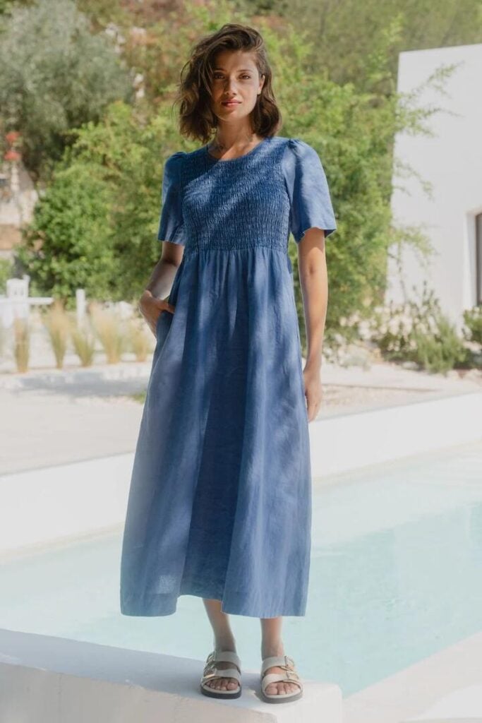 RE:UNION Label Wren Cornflower Blue Linen SS Shirred Bodice Midi Dress