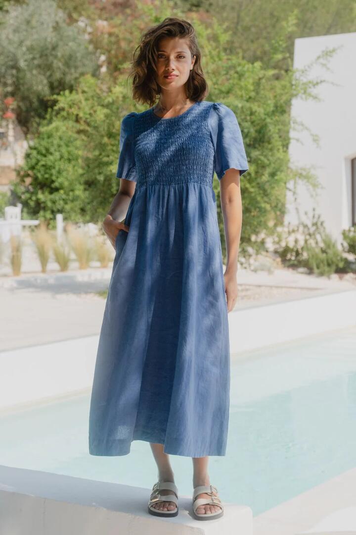 RE:UNION Label Wren Cornflower Blue Linen SS Shirred Bodice Midi Dress