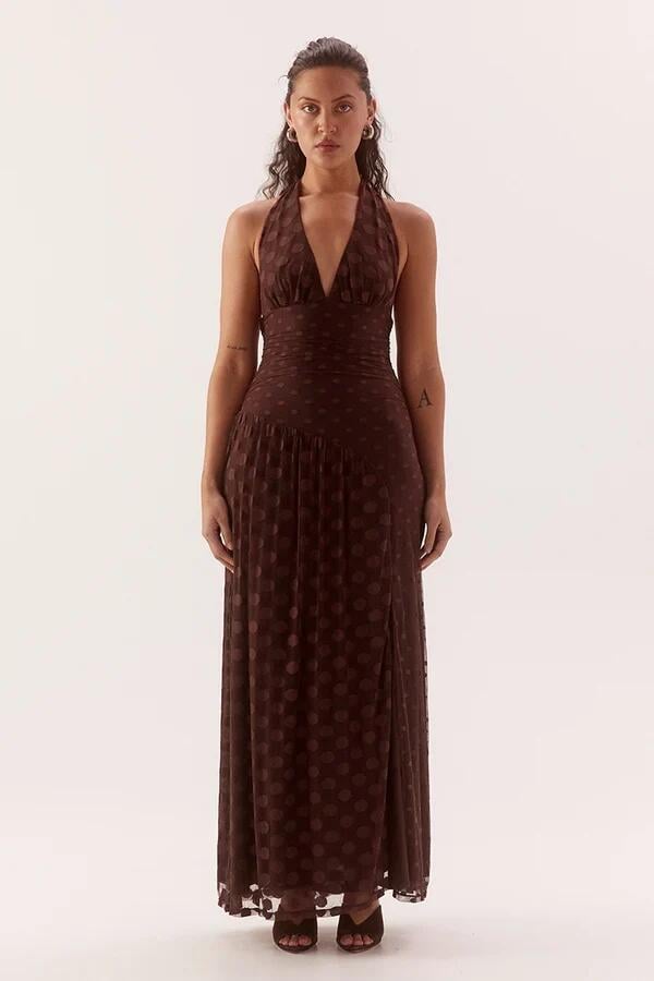 Sovere Blyth Chocolate Spot Halter Maxi Dress