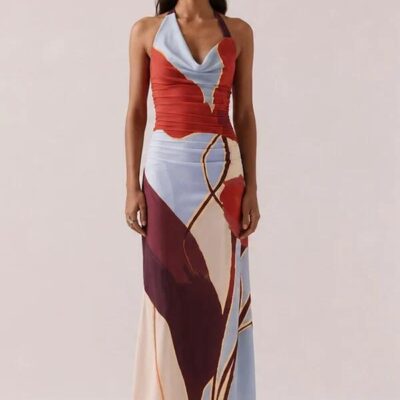 Sovere Kalea Blue Bloom Cowl Mesh Halter Maxi Dress