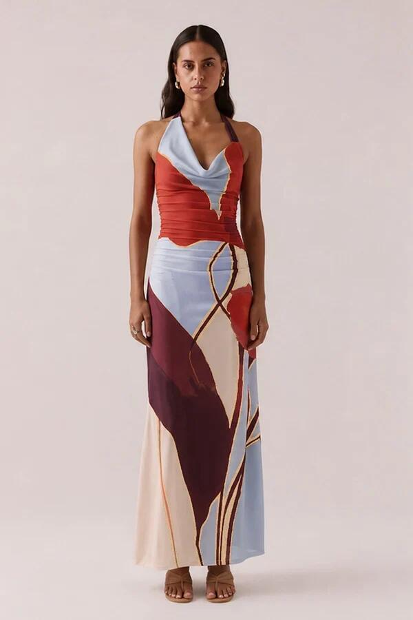 Sovere Kalea Blue Bloom Cowl Mesh Halter Maxi Dress