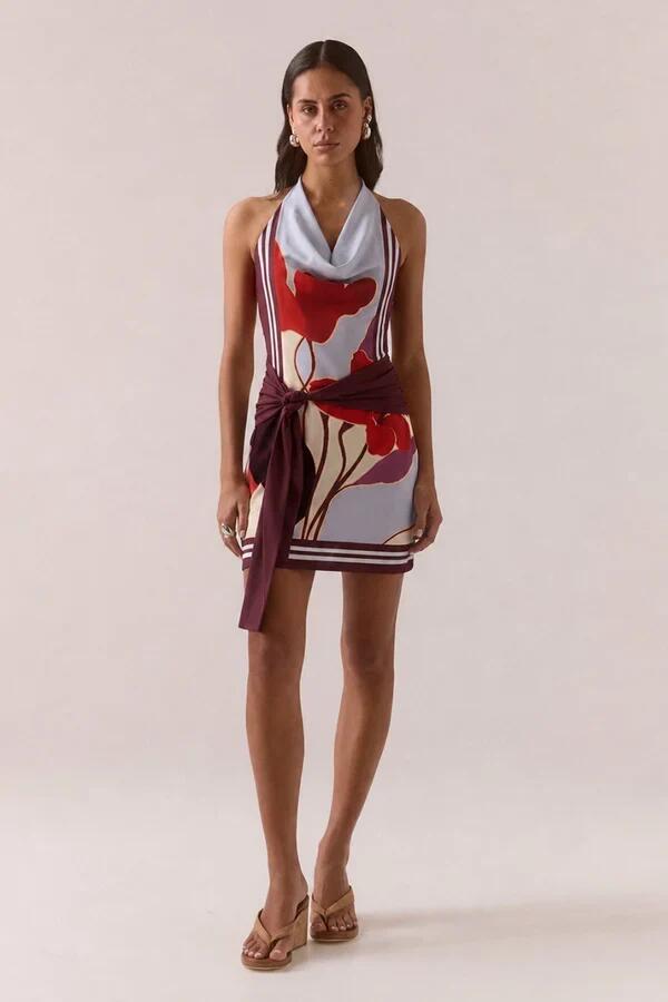 Sovere Kalea Blue Bloom Cowl Mesh Halter Waist Tie Mini Dress