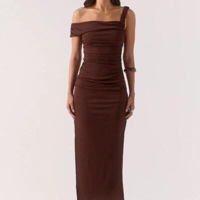 Sovere Rua Ganache Asymmetric Off Shoulder Maxi Dress