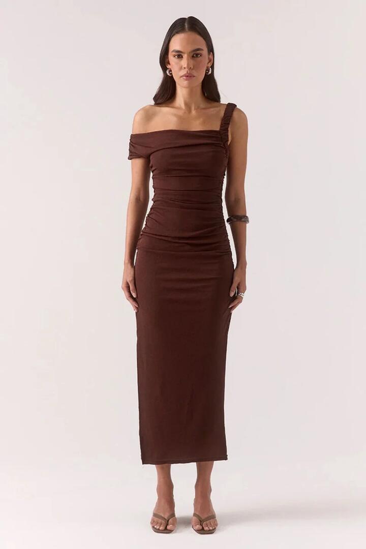 Sovere Rua Ganache Asymmetric Off Shoulder Maxi Dress