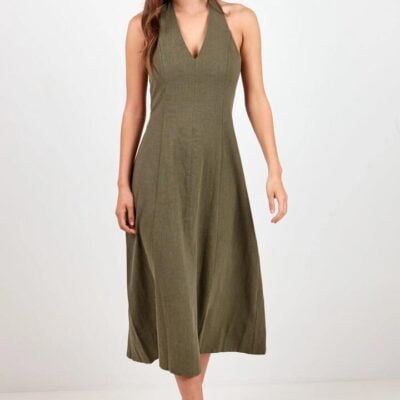 Staple The Label Neve Khaki Linen Halter Midi Dress
