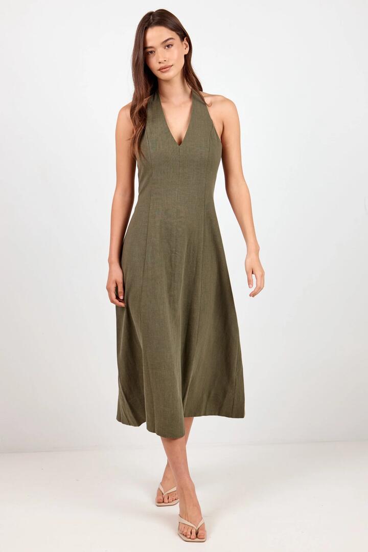 Staple The Label Neve Khaki Linen Halter Midi Dress