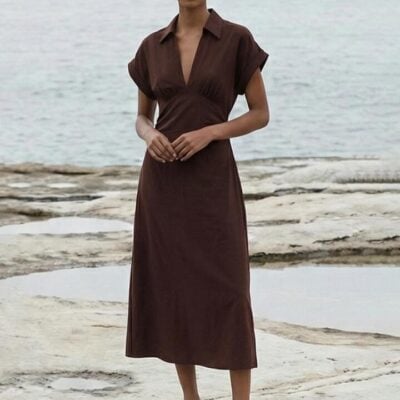Staple The Label Rhodes Chocolate Button Through Linen Blend SS Midi Dress