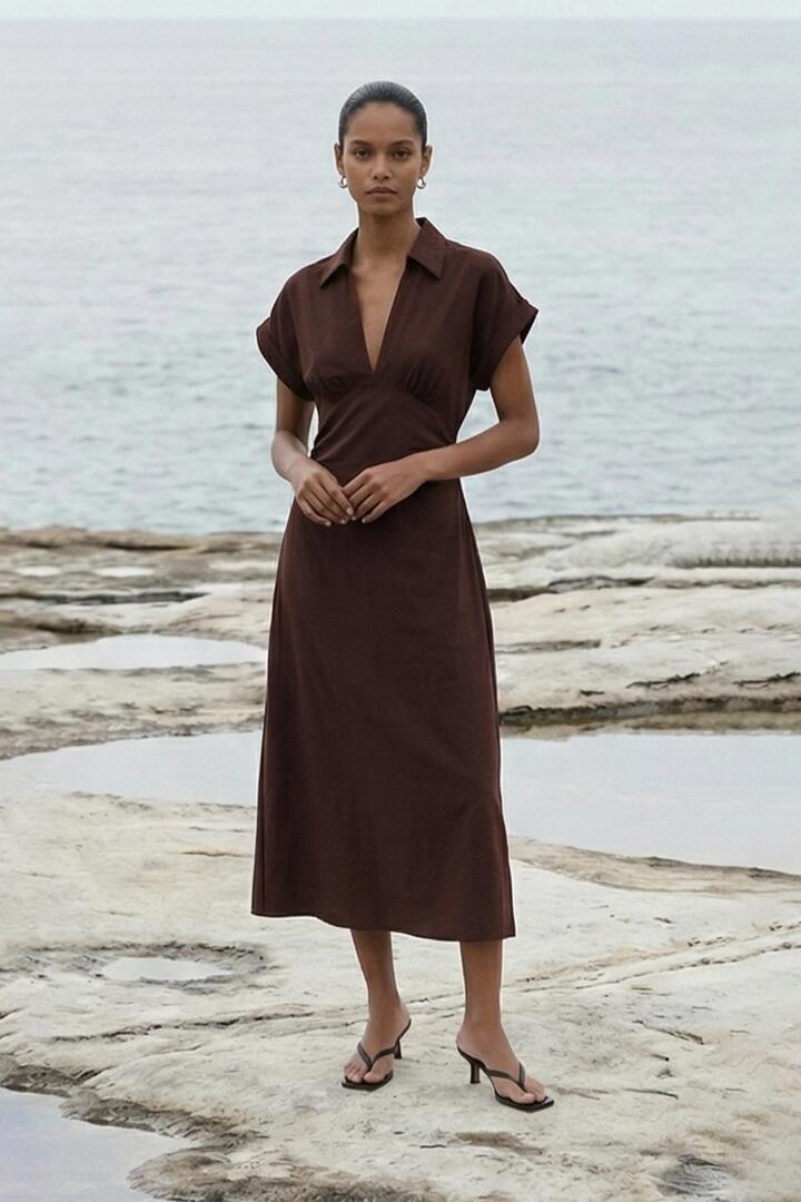 Staple The Label Rhodes Chocolate Button Through Linen Blend SS Midi Dress