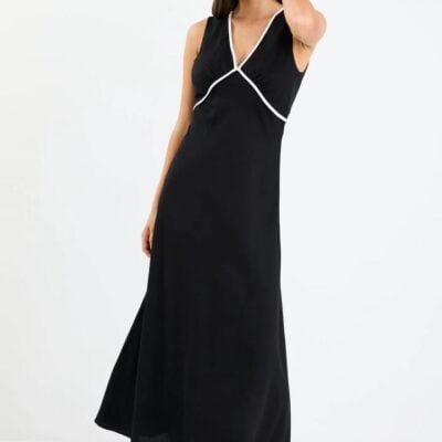Stories be Told Aston Black Linen Blend Contrast Bias Flared Maxi Dress
