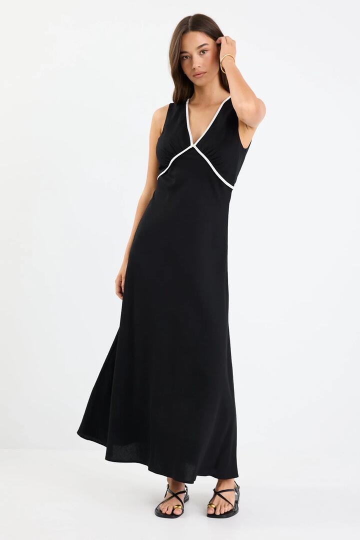 Stories be Told Aston Black Linen Blend Contrast Bias Flared Maxi Dress