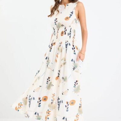 Stories be Told Duchess Earthy Botanical Sleeveless Shirred Waist Maxi Dress