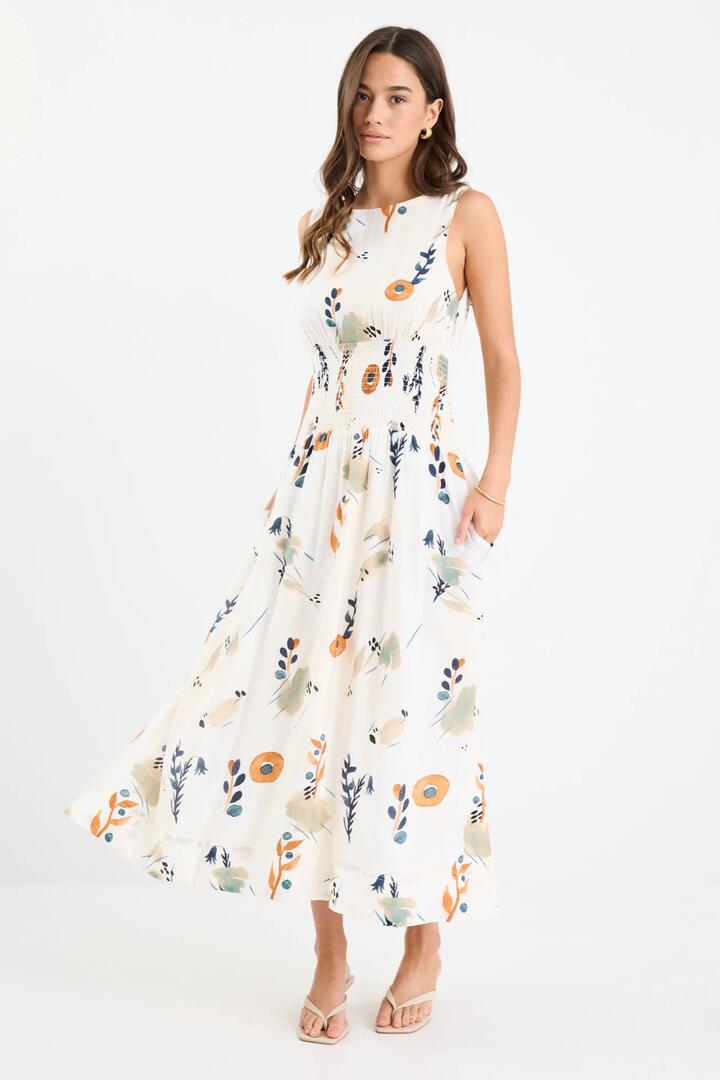 Stories be Told Duchess Earthy Botanical Sleeveless Shirred Waist Maxi Dress