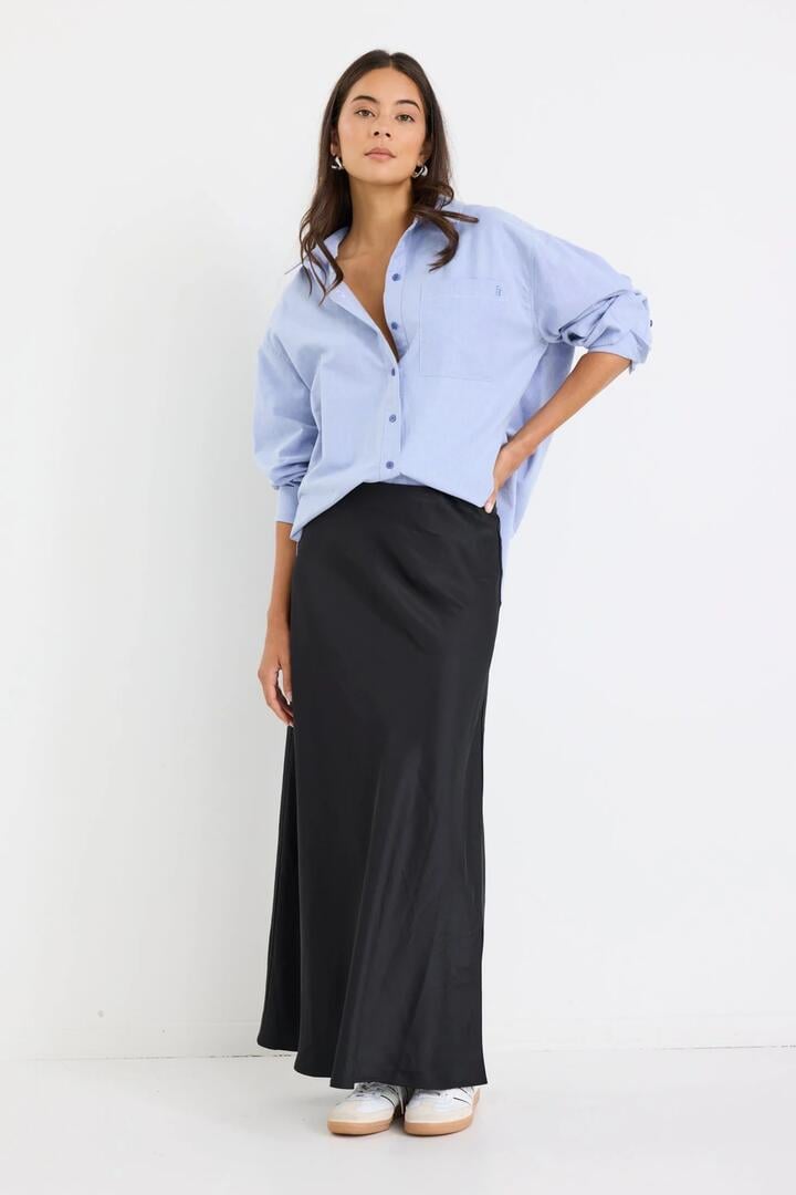 Stories be Told Prodigy Black Satin Bias Maxi Skirt