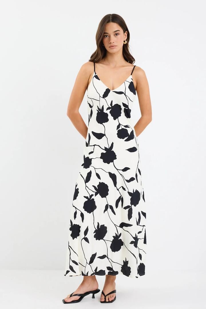 Stories be Told Saturn Ivory Floral Strappy Bias Slip Maxi Dress