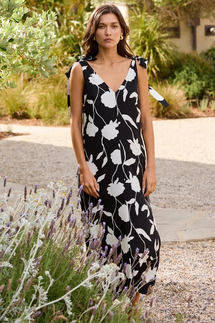 Stories be Told Spontaneous Black and White Floral Tie Shoulder Relaxed Midi Dress