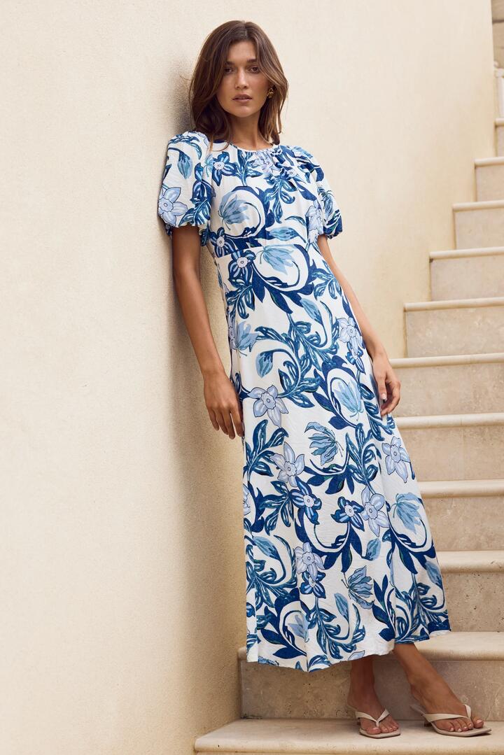 Stories be Told Stage Blue Floral Puff Sleeve Floaty Maxi Dress