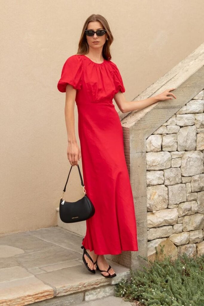 Stories be Told Stage Cherry Puff Sleeve Floaty Maxi Dress