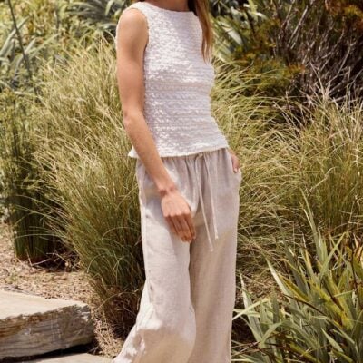 Stories be Told Townie Natural Linen Side Stripe Elastic Waist Pants