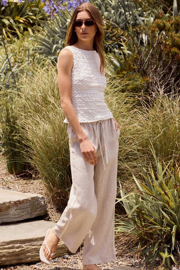 Stories be Told Townie Natural Linen Side Stripe Elastic Waist Pants