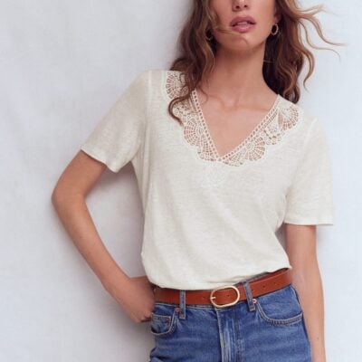 Boden Tara Lace Trim Linen T-shirt