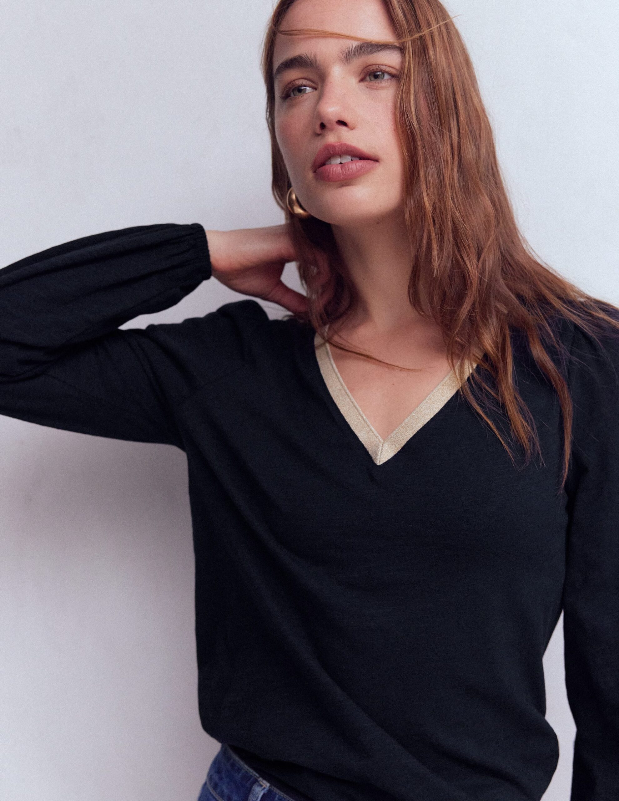 Boden Metallic Trim V-neck Top