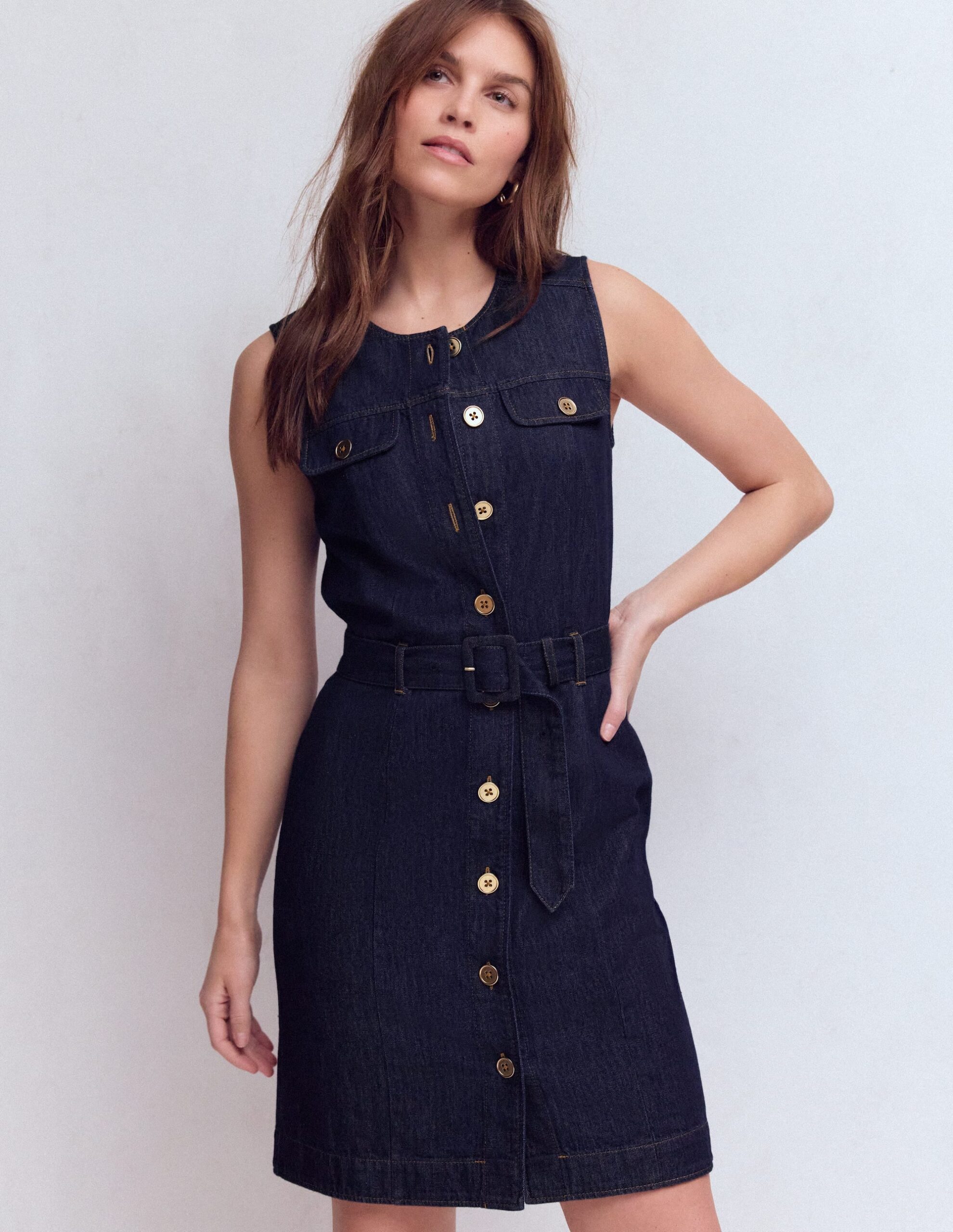 Boden Short Gold Button Denim Dress