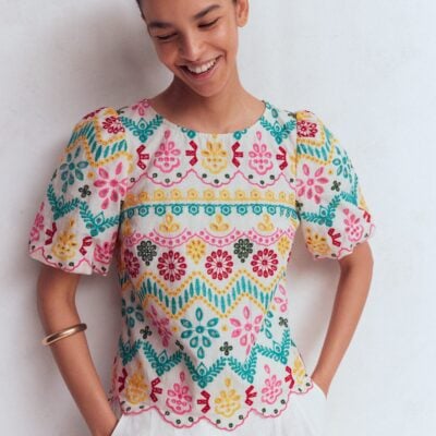 Boden Linen Puff Sleeve Top