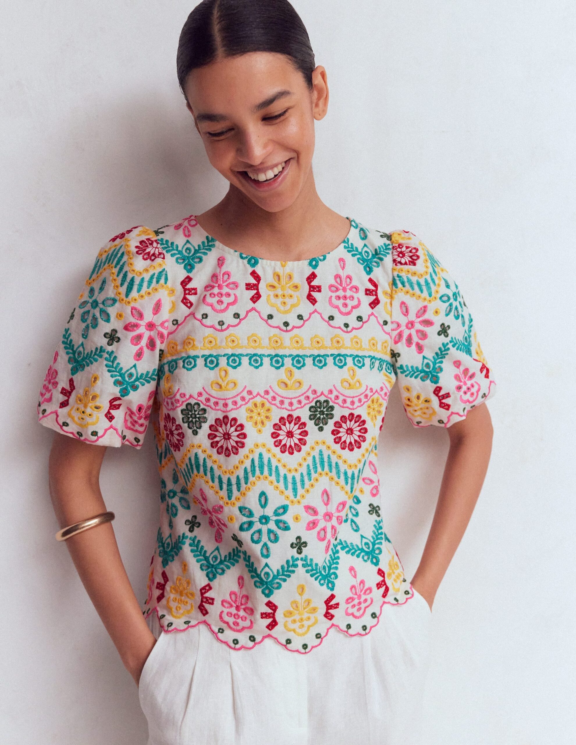 Boden Linen Puff Sleeve Top