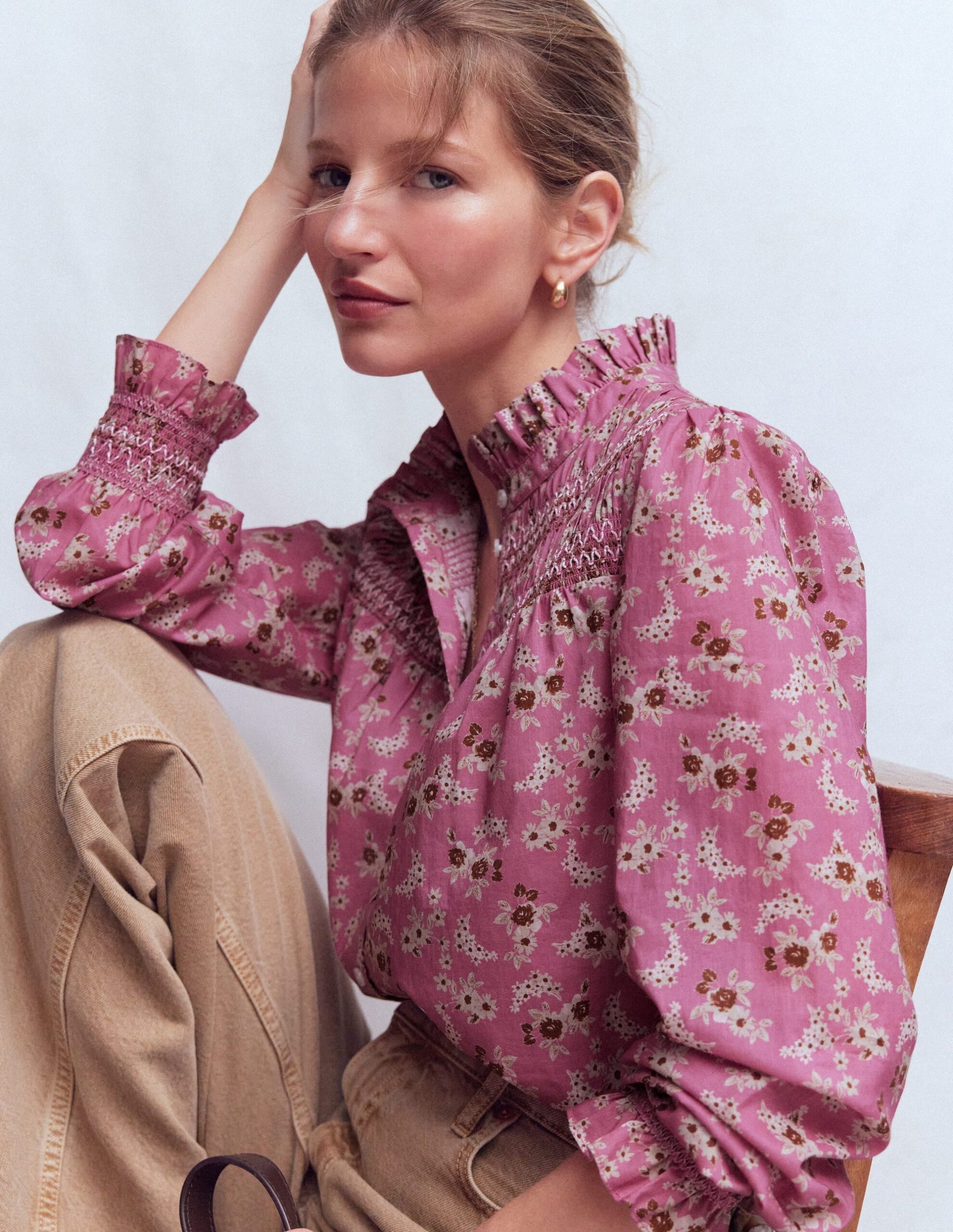 Boden Esme Smocked Detail Frill Top