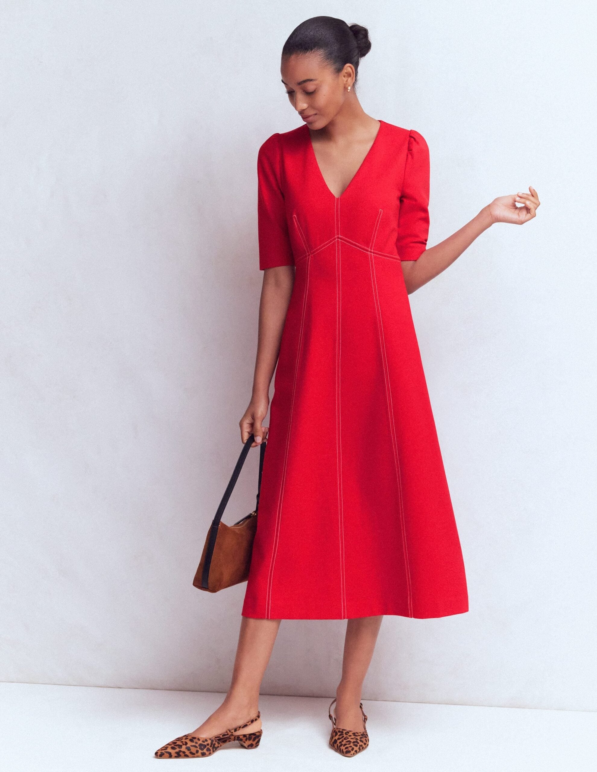 Boden Puff Sleeve Ponte Midi Dress