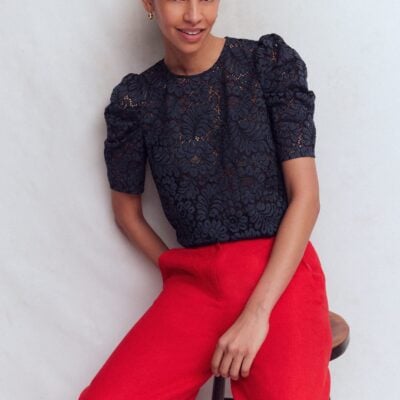 Boden Pleat Sleeve Lace T-shirt