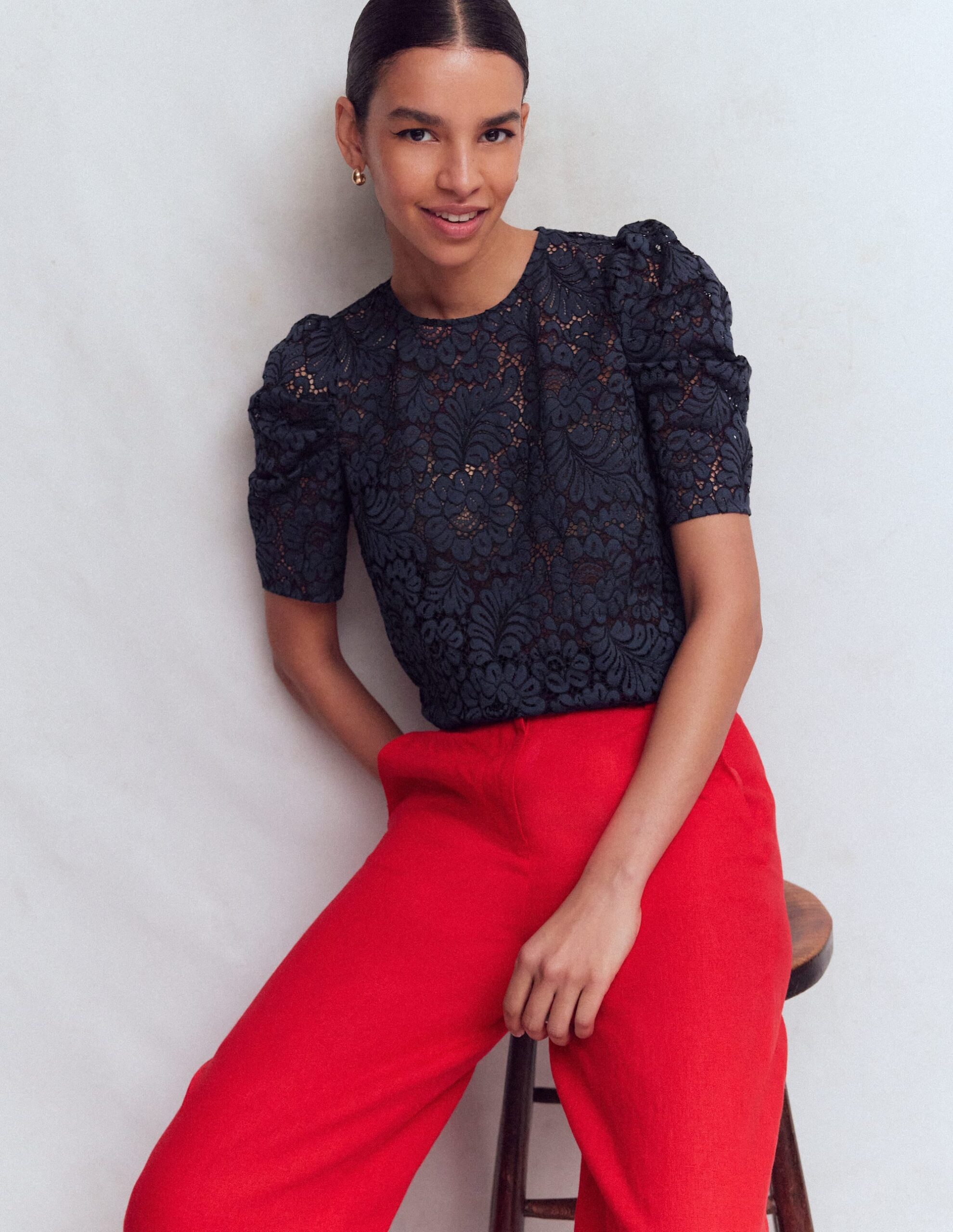 Boden Pleat Sleeve Lace T-shirt