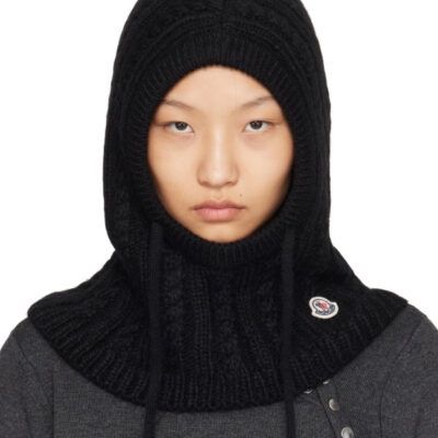 Moncler Black Cable Knit Alpaca Blend Balaclava