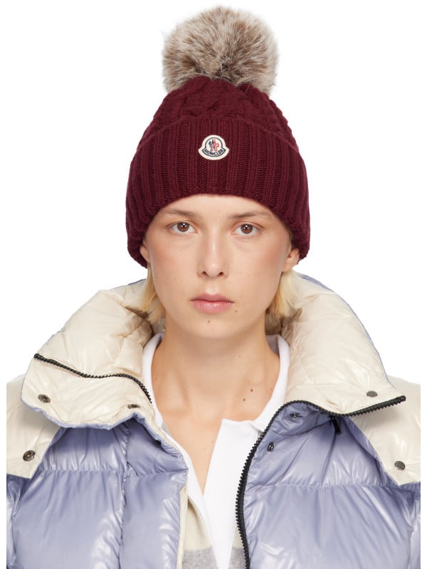 Moncler Burgundy Cashmere Blend Pom Pom Beanie