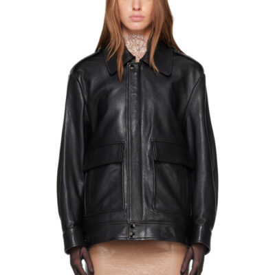 Nour Hammour Black Drey Leather Bomber Jacket
