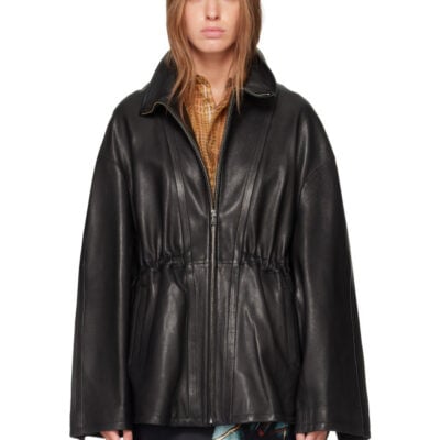 Nour Hammour Black Passage Funnelneck Leather Jacket