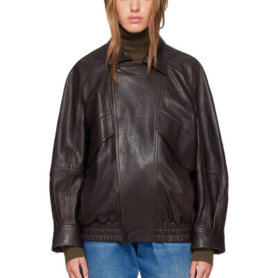 Nour Hammour Brown Rafe Sculptural Leather Bomber Jacket