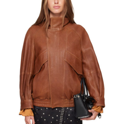 Nour Hammour Tan Ariste Leather Bomber Jacket