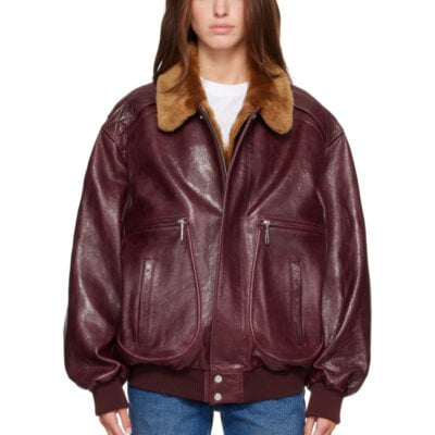 Paco Rabanne Burgundy Textured Leather Bomber Jacket